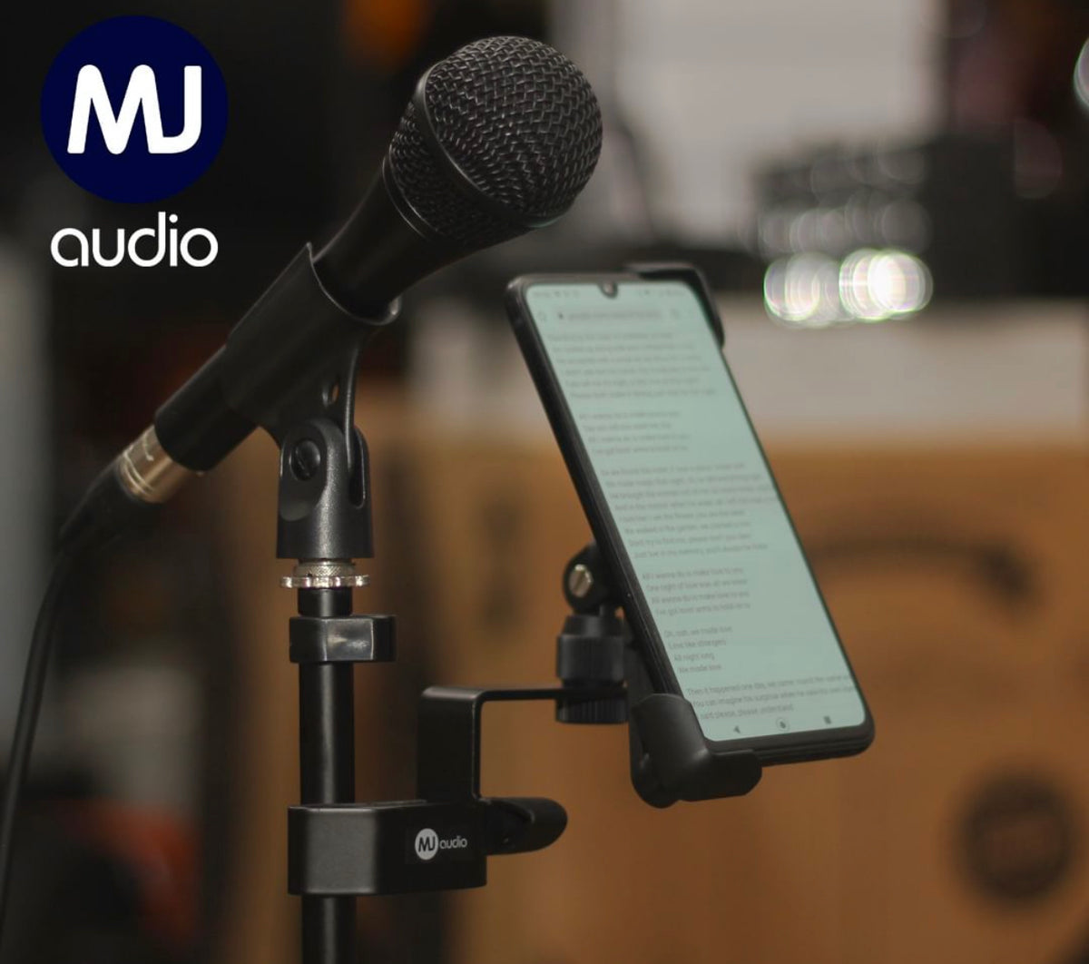 MJ Audio Mic Stand Phone Holder for Microphone Stand, Adjustable iPhone Mic Stand Holder, Music Stand Phone Holder for iPhone Samsung Galaxy All Smartphones