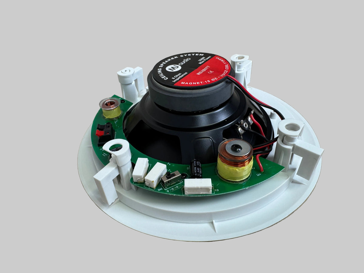A ceiling fan motor assembly with a black speaker cone, green circuit board, and white mounting bracket, photographed on a light wood floor.
