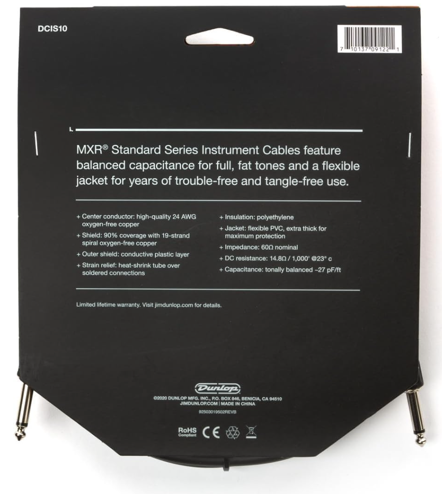 MXR DCIS10 Standard Instrument Cable - 10ft Straight/Straight - CBN Music Warehouse