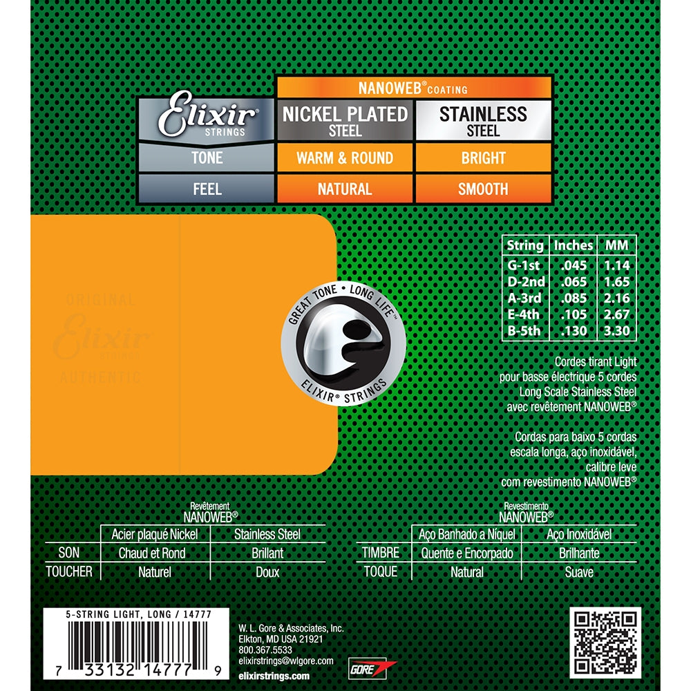 Elixir 14777 NANOWEB 5-String Medium with Light B Long Scale Electric Bass Strings (45-130) - CBN Music Warehouse