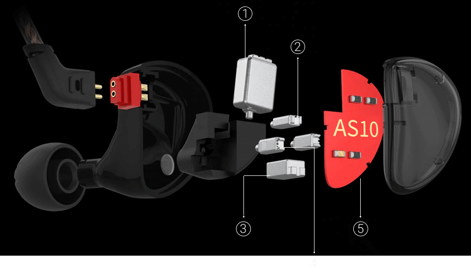 KZ AS10 IEM 5 Balanced Armature Driver Earphone, Stereo HiFi in Ear Monitor Headphone Musician Headset (No Microphone, Black) - CBN Music Warehouse
