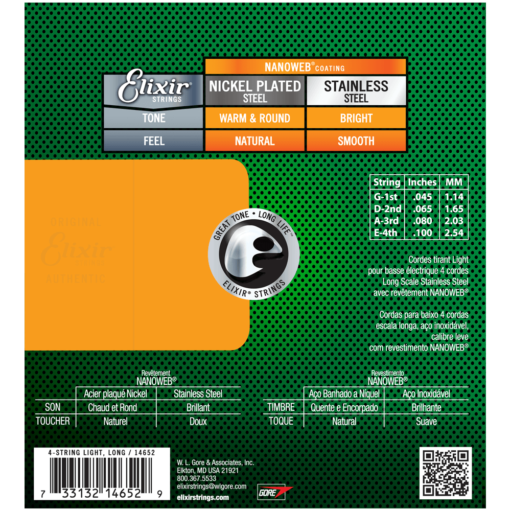 Elixir 14652 Nanoweb Stainless Steel Long Scale Bass Strings - Light (45-100)