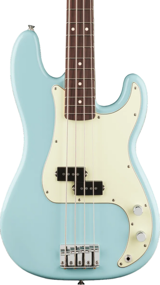 Light blue Fender electric bass guitar