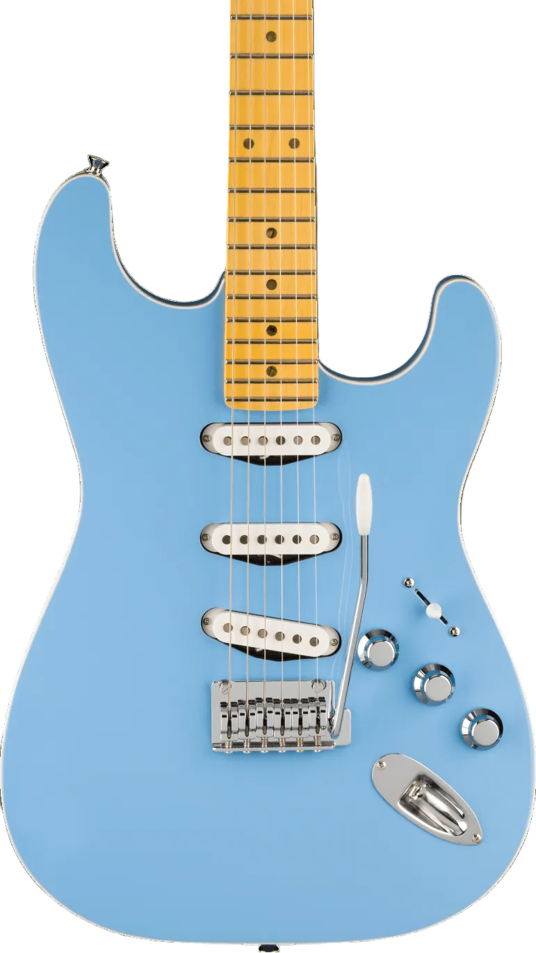 Blue electric guitar on a green background