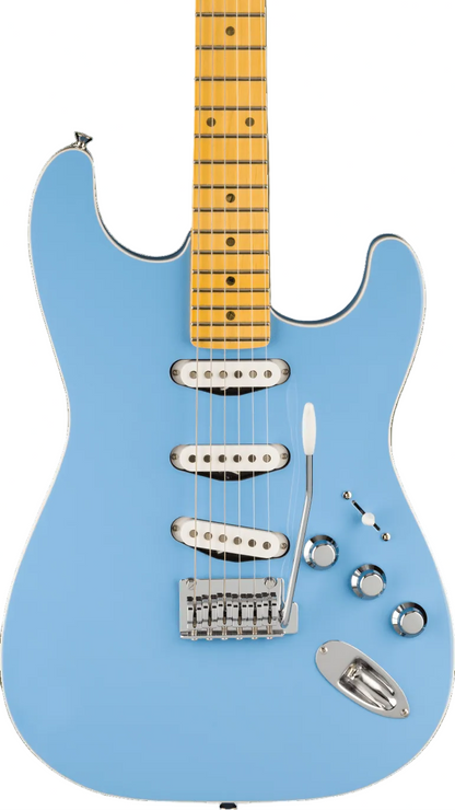 Blue electric guitar on a green background
