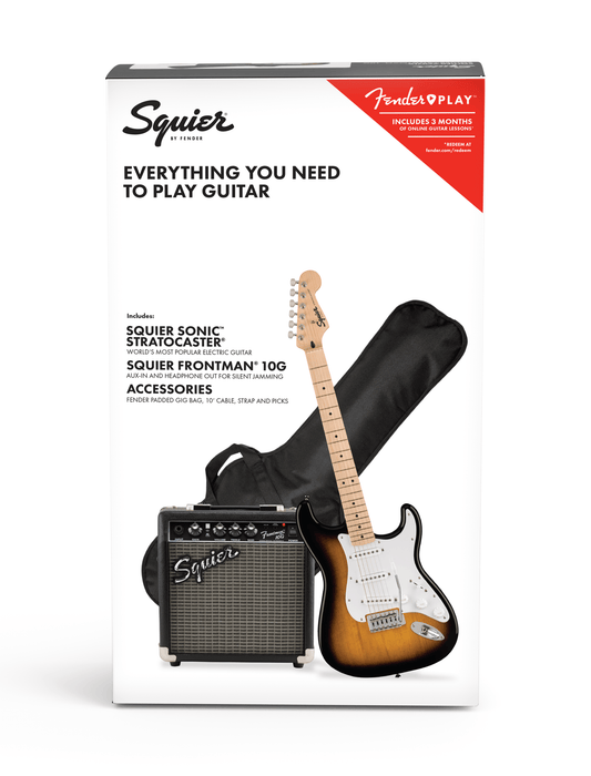 Squier Sonic Stratocaster Electric Guitar Pack, 2-Color Sunburst with Gig Bag, strap and Amp 10G - CBN Music Warehouse