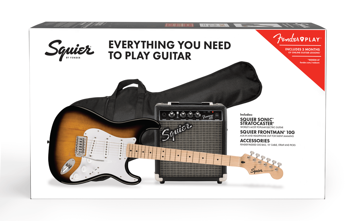 Squier Sonic Stratocaster Electric Guitar Pack, 2-Color Sunburst with Gig Bag, strap and Amp 10G - CBN Music Warehouse