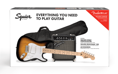 Squier Sonic Stratocaster Electric Guitar Pack, 2-Color Sunburst with Gig Bag, strap and Amp 10G - CBN Music Warehouse