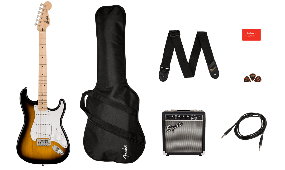 Squier Sonic Stratocaster Electric Guitar Pack, 2-Color Sunburst with Gig Bag, strap and Amp 10G - CBN Music Warehouse