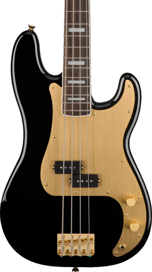 Squier bass guitar with a black body, natural wood neck, and gold hardware, shown in a side profile view on a white background.