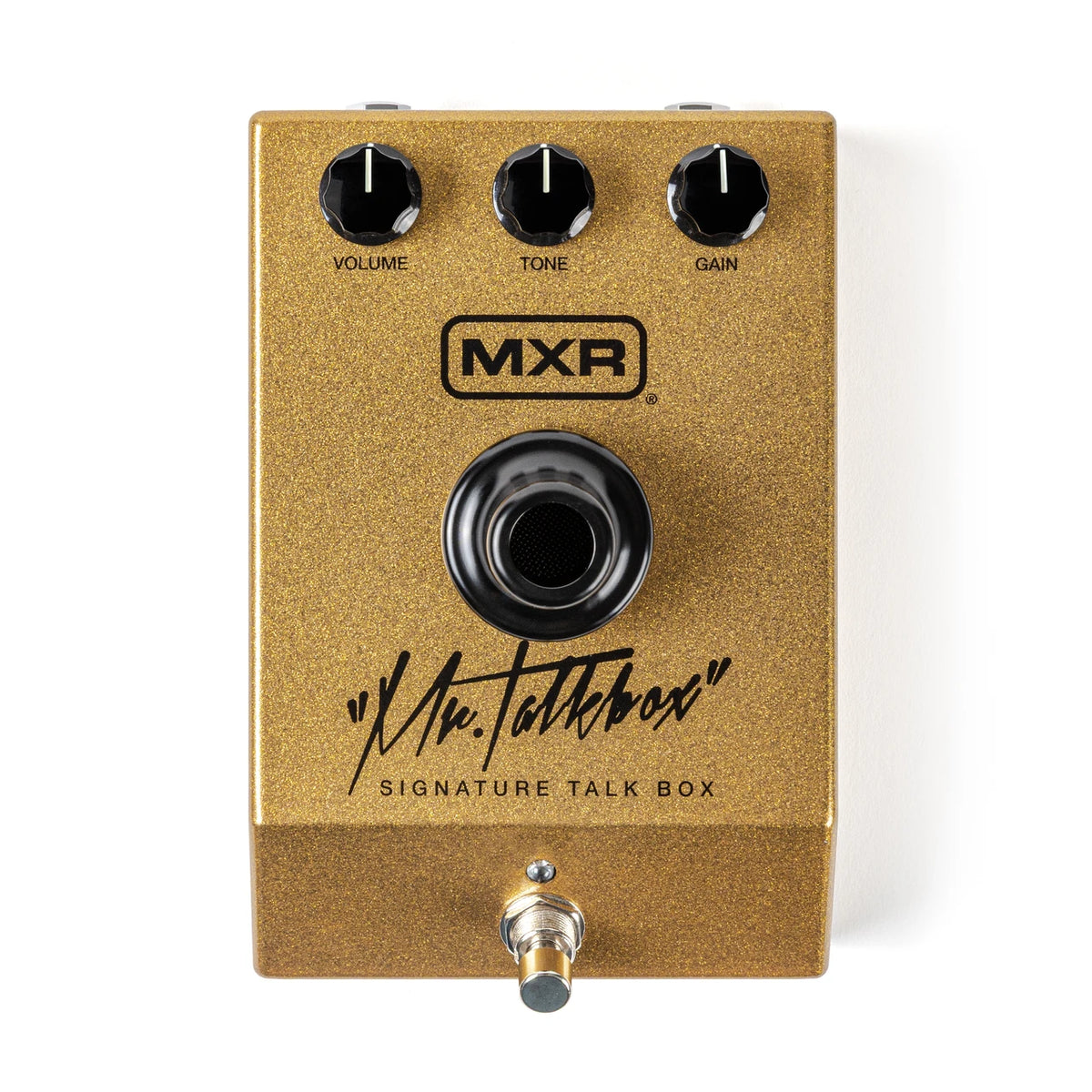 An MXR 'Mr. Talkbox' signature talk box guitar pedal in a textured gold finish with black knobs and lettering, shown on a clean white background.