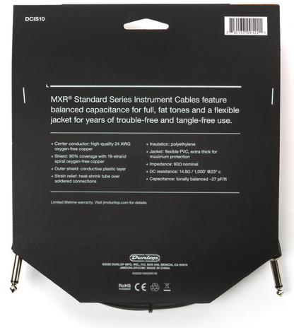 MXR DCIS10 Standard Instrument Cable - 10ft Straight/Straight - CBN Music Warehouse