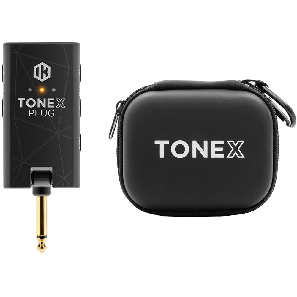 A black TONEX Plug electronic device with a gold-toned jack connector shown next to its matching black zippered carrying case on a white background.