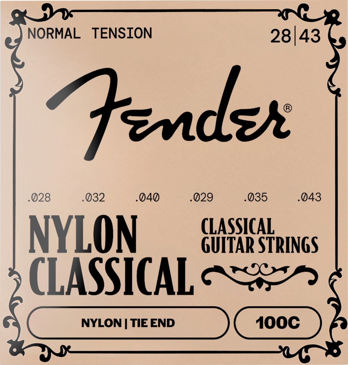 Fender Classical Nylon Guitar Strings package front, showing the Fender logo, string gauges 28/43, and '100C' on a beige background with black decorative border text.