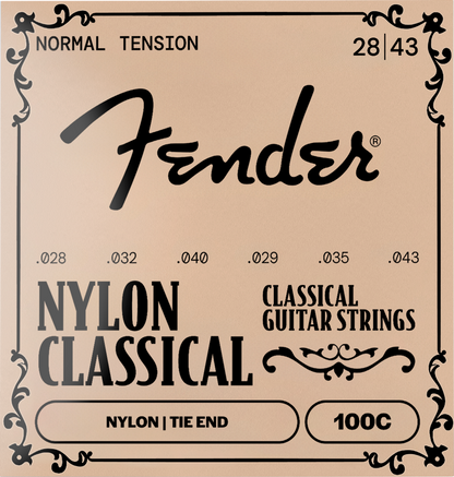 Fender Classical Nylon Guitar Strings package front, showing the Fender logo, string gauges 28/43, and '100C' on a beige background with black decorative border text.