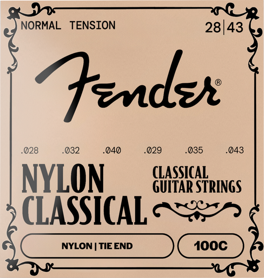 Fender Classical Nylon Guitar Strings package front, showing the Fender logo, string gauges 28/43, and '100C' on a beige background with black decorative border text.