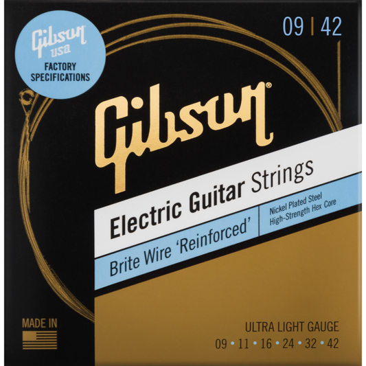 Gibson Accessories SEG-BWR9 Brite Wire 'Reinforced' Electric Guitar Strings - .009-.042 Ultra Light