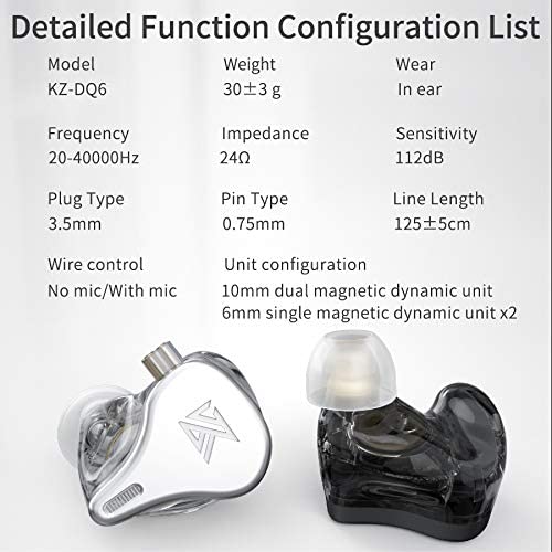 KZ DQ6 In Ear Earbuds HiFi Bass Earphone with Detachable Tangle-Free Cable 2Pin (No Mic, Gray)