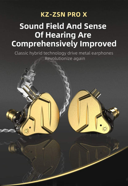KZ ZSN PRO X Dual Driver 1BA+1DD Hybrid Metal In-Ear Monitor Earbuds - No Mic, Gold - CBN Music Warehouse
