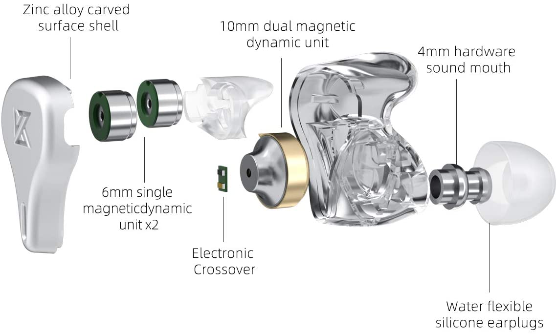 KZ DQ6 In Ear Earbuds HiFi Bass Earphone with Detachable Tangle-Free Cable 2Pin (No Mic, Gray)