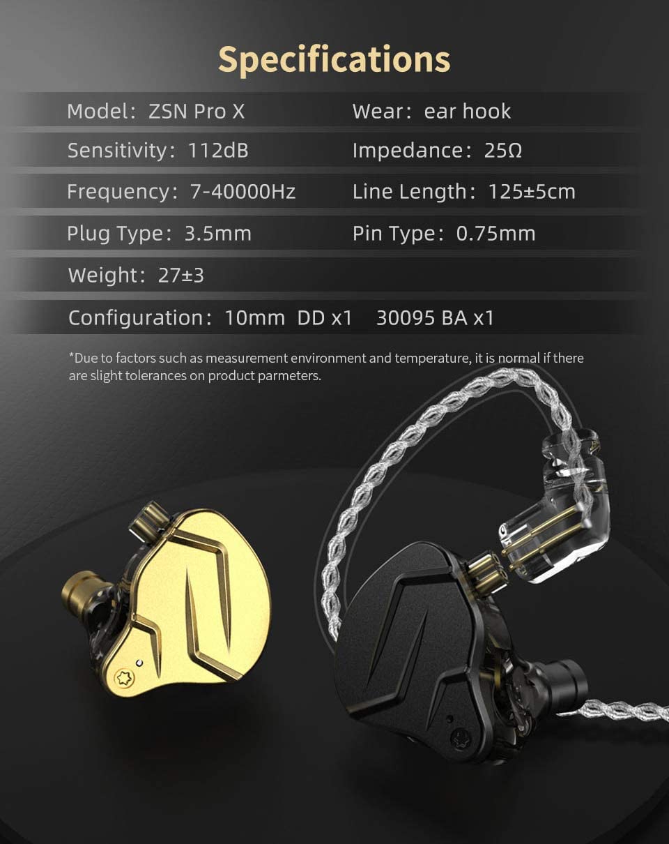 KZ ZSN PRO X Dual Driver 1BA+1DD Hybrid Metal In-Ear Monitor Earbuds - No Mic, Gold - CBN Music Warehouse