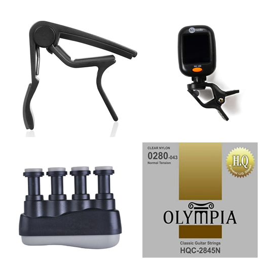 Classic Guitar Accessories Kit - Capo, Strings, Clip-on Chromatic Tuner, & Finger Exerciser - CBN Music Warehouse