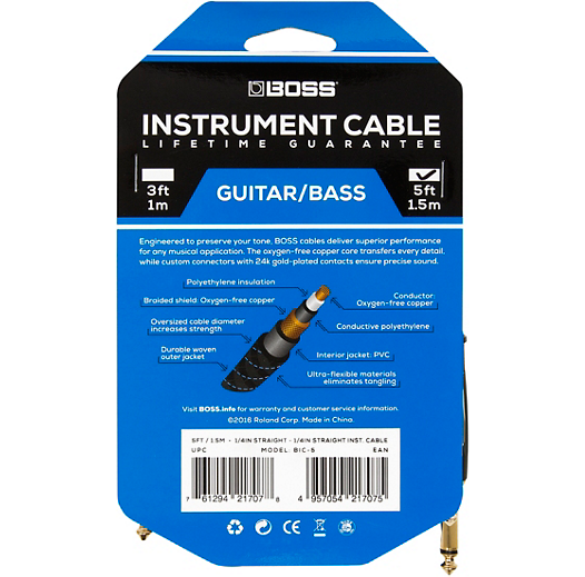 BOSS 20-foot (6m) Instrument Cable, Straight/Straight ¼” jack (BIC-20) - CBN Music Warehouse