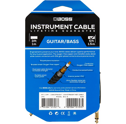 BOSS 20-foot (6m) Instrument Cable, Straight/Straight ¼” jack (BIC-20) - CBN Music Warehouse