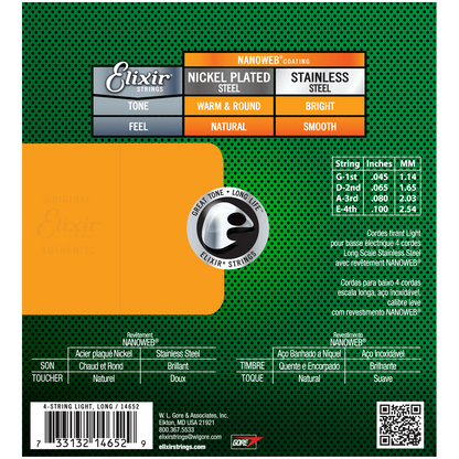 Elixir 14652 Nanoweb Stainless Steel Long Scale Bass Strings - Light (45-100)